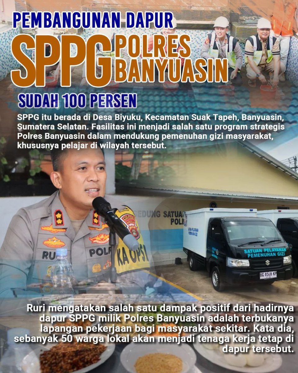 Pembangunan Dapur SPPG Polres Banyuasin Resmi 100% Rampung.
Berlokasi di Desa Biyuku, fasilitas ini siap mendukung pemenuhan gizi masyarakat dan pelajar.
Dampak positifnya, dapur SPPG membuka lapangan kerja baru—sebanyak 50 warga lokal akan menjadi tenaga tetap di sana.
<a href="/prabowo/">Prabowo Subianto</a>
