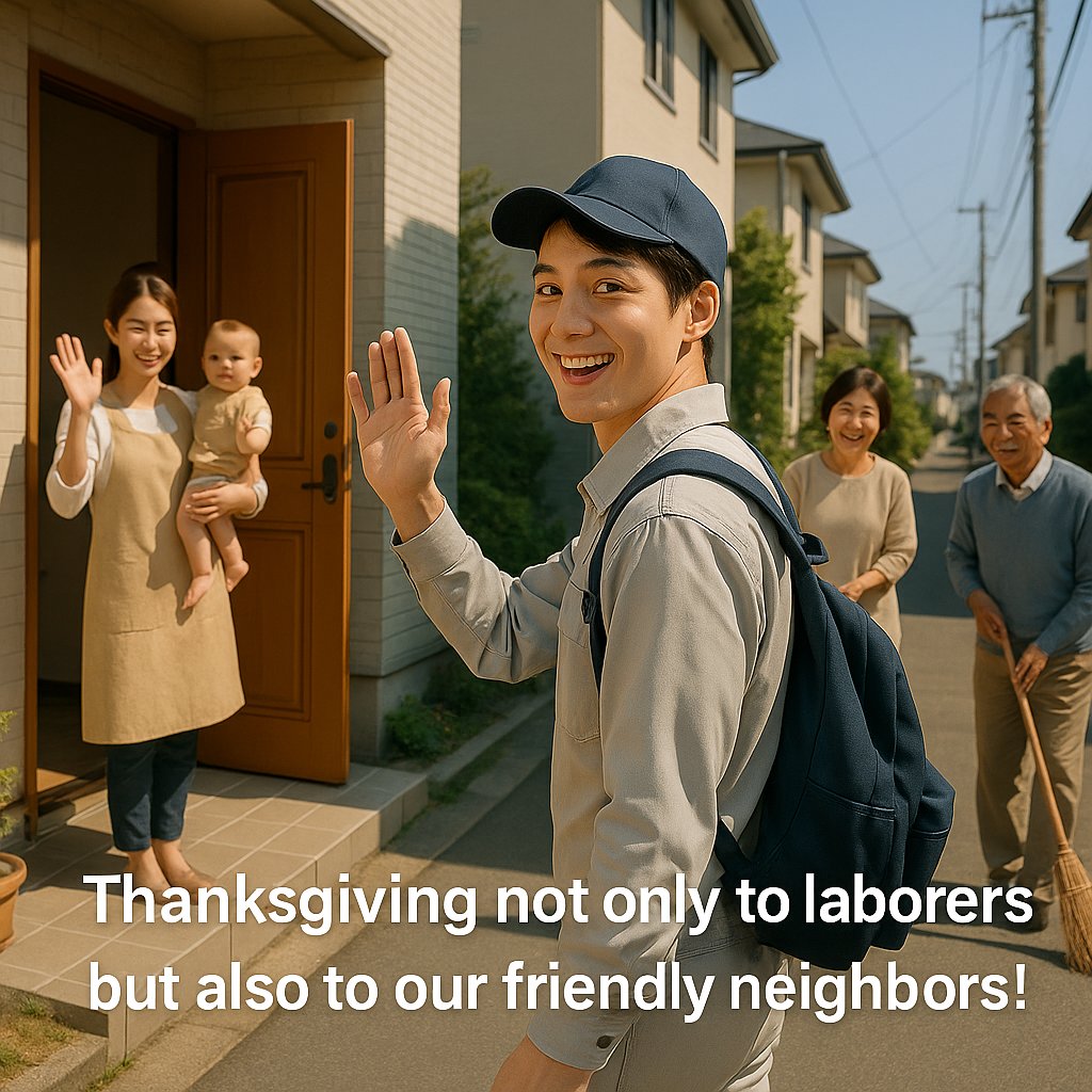 今日は働く人全てに感謝をする勤労感謝の日(Labor Thanksgiving Day)ですね。

仕事に専念が出来るのは家族の支えもありますが、友好的なご近所さんがいるおかげで安心な住環境が保たれている事も大きいと思います。

近隣感謝の日(Neighbor Thanksgiving Day)というのもあっても良いと思います！😊