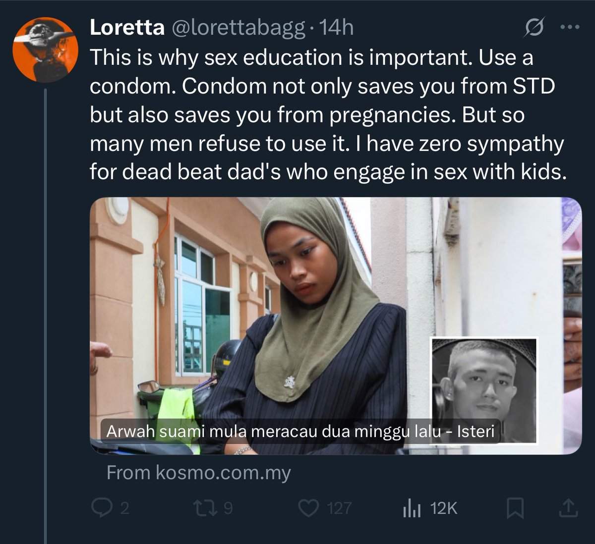 na_hadf's tweet image. A man took his life bc of mental health issues &amp;amp; u are twisting it to bash patriarchy? Where is ur empathy? U called him a deadbeat father, sedangkan u tak tahu cerita penuh

Also u dont agree with young marriage, but u agree with sex outside marriage huh?

Gosh how evil can u be