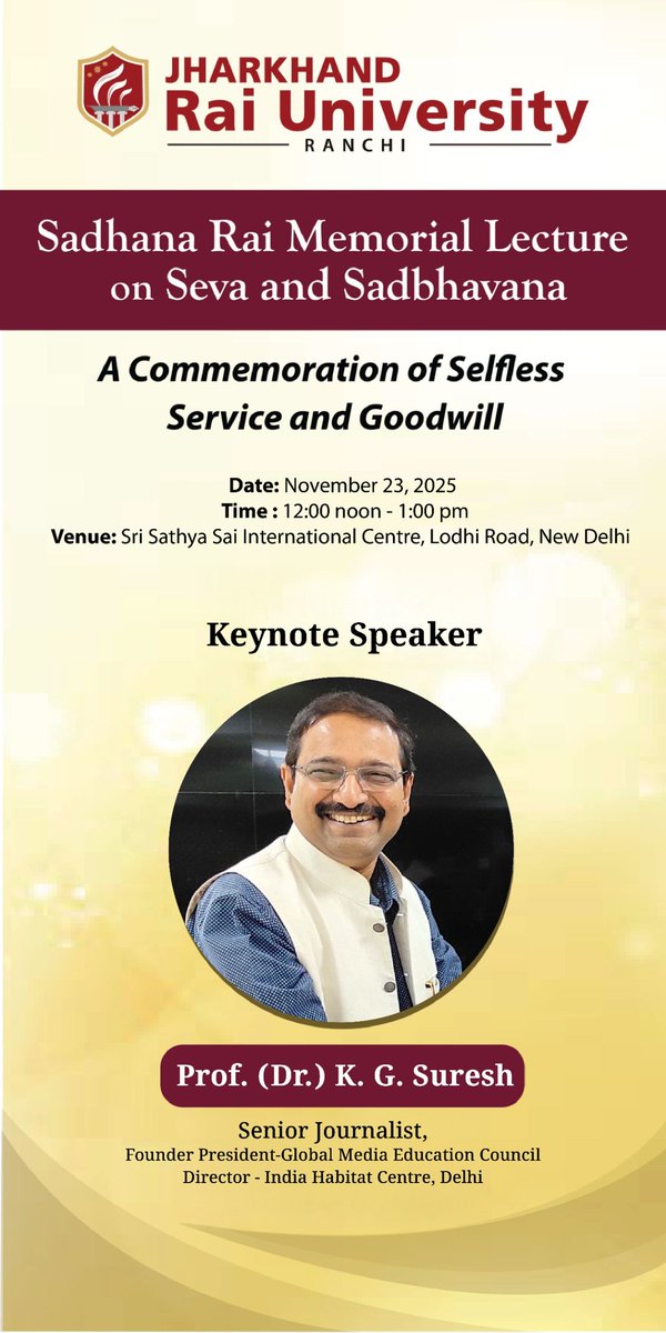 kg_suresh's tweet image. Working Sunday: To deliver the Sadhana Rai Memorial Lecture on Seva &amp;amp; Sadbhavna at Sri Sathya Sai International Centre, New Delhi today. 🙏
@dpradhanbjp @SunilAmbekarM @atulkotharissun @mukulkanitkar @rammadhav_ @ashwani_mahajan