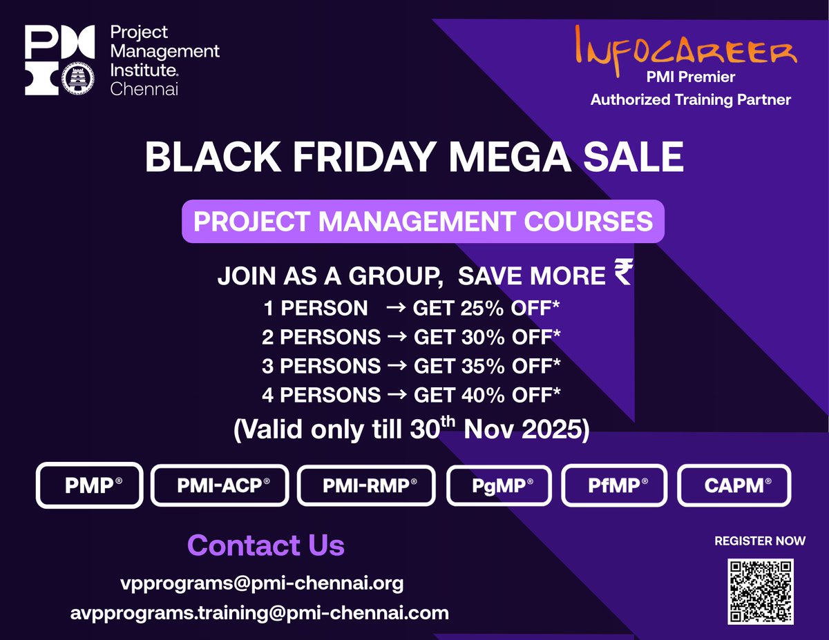 pmichennai's tweet image. 🌟 Black Friday Mega Offer! 🌟

Our PMI Premier ATP – Infocareer, is offering exclusive discounts on PMI certification courses!

Don&apos;t miss this chance to upskill ! 🚀

#PMIChennai #PMICC #PMOT #PMITNPY #PMTraining #Infocareer #pmp #pgmp #pmirmp #pmiacp #capm