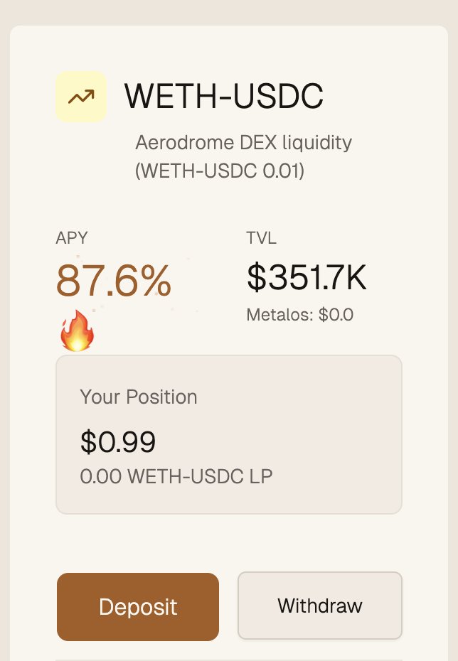 MetalosProtocol's tweet image. As promised—concentrated liquidity managed vaults support is almost here. 🚀

Soon you&apos;ll earn 100%+ (and in some cases 1000%+ APY) via CLM vaults, no more range management or lower APYs - starting with pairs such as:
• WETH‑USDC
• LITKEY‑WETH
• KEETA‑WETH
• and so much more…