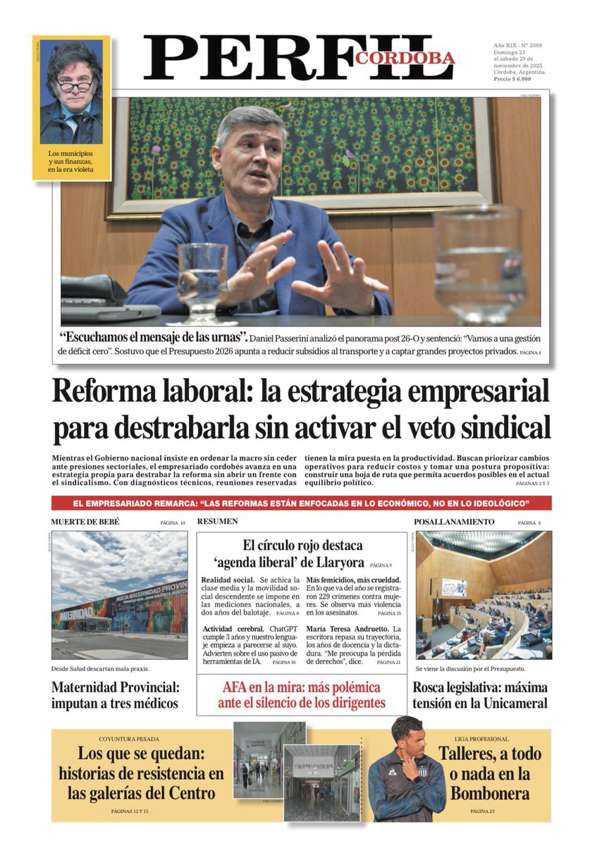 📰 La tapa del Diario PERFIL CÓRDOBA de este domingo 23 de noviembre