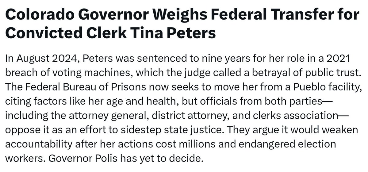 RealHickory's tweet image. It was Secretary of State Jena Griswold who caused the breach of voting machines by leaking passwords, not Tina Peters. This is so wrong and a miscarriage of justice. Colorado officials are fighting this because they want her silenced. Send in the US Marshall&apos;s and get her out!