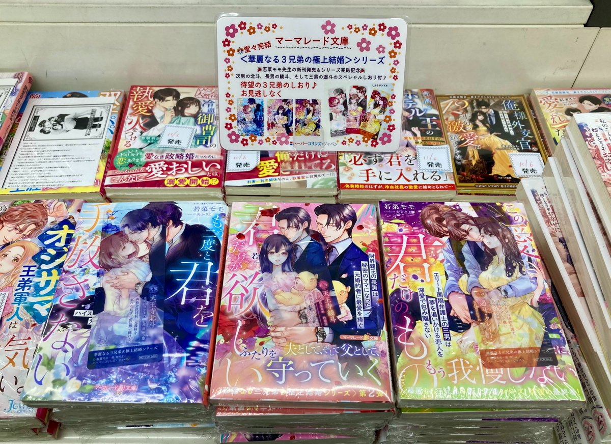 若菜モモ先生の👑華麗なる三兄弟の極上結婚👑シリーズ
書泉グランデ様の店頭にも【特典クリアしおり付】で登場🥳天王寺家三兄弟！がそろってお出迎えです～♪ 書泉グランデ様！陳列ありがとうございます！三兄弟のしおり特典～この機会お見逃しなく～ぜひ揃えてみてくださいね～꒰φﻌφ^꒱/♪♬♪