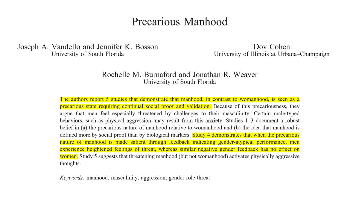 Bir kadının "kadın" olduğunu ispatlaması gerekmez ama bir erkeğin "erkek" olduğunu sürekli kanıtlaması beklenir. 
Çünkü, erkeklik, biyolojiden ziyade "sosyal başarıya" endeksli, son derece kırılgan bir yapıdır. 
Bu kırılgan yapıyı koruma çabası ise saldırganlık eğilimini artırır.