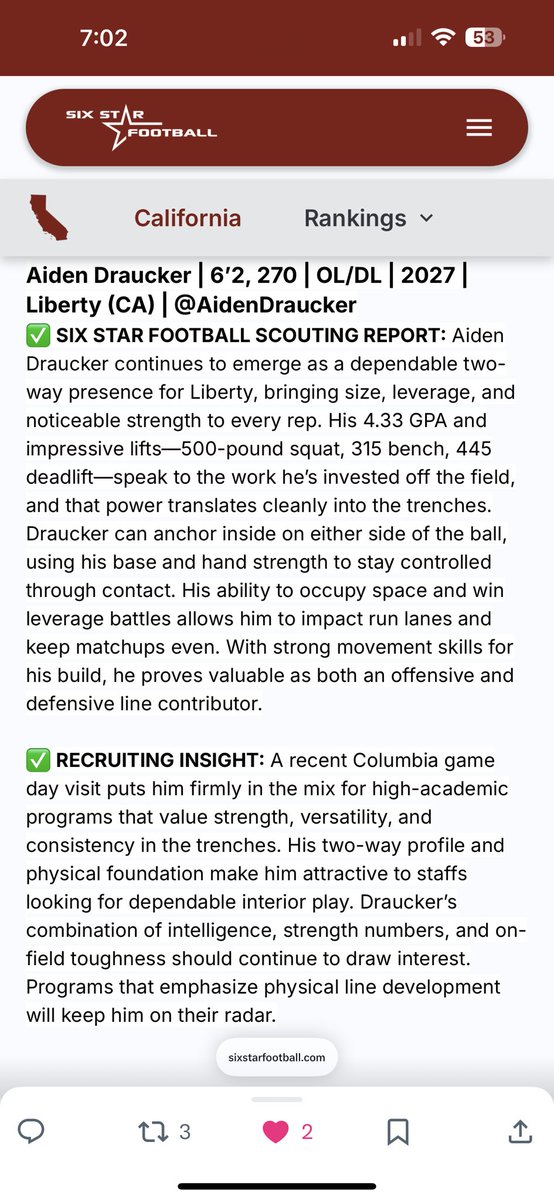 AidenDraucker's tweet photo. @sixstarfootball thank you for the love and support @R_Bolin63 @dthedeacon @LoganTillman @247Sports https://t.co/Cmfcafdelv