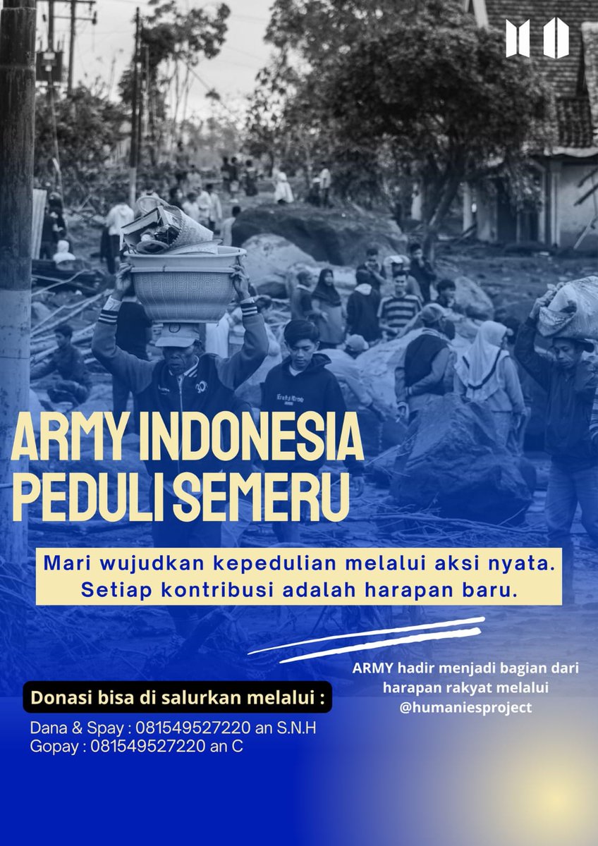 Hallo ARMY INDONESIA 💜🙌

ARMY, saudara kita di sekitar Gunung Semeru saat ini sedang butuh pertolongan karena asap erupsi semakin tersebar.

Mari sama-sama kita tolong para saudara kita dengan memberikan donasi. Setiap donasi yang diberikan sangat berarti bagi saudara kita di