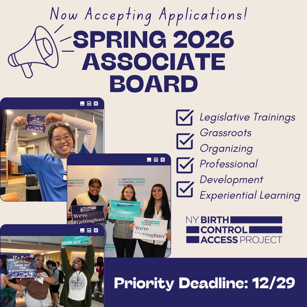 We are happy to announce we are now accepting applications for our Spring 2026 Associate Board! Do you want to make birth control more accessible in New York state? Apply today with the link in bio! Priority applications end 12/29! #GettingBusy

docs.google.com/forms/d/e/1FAI…