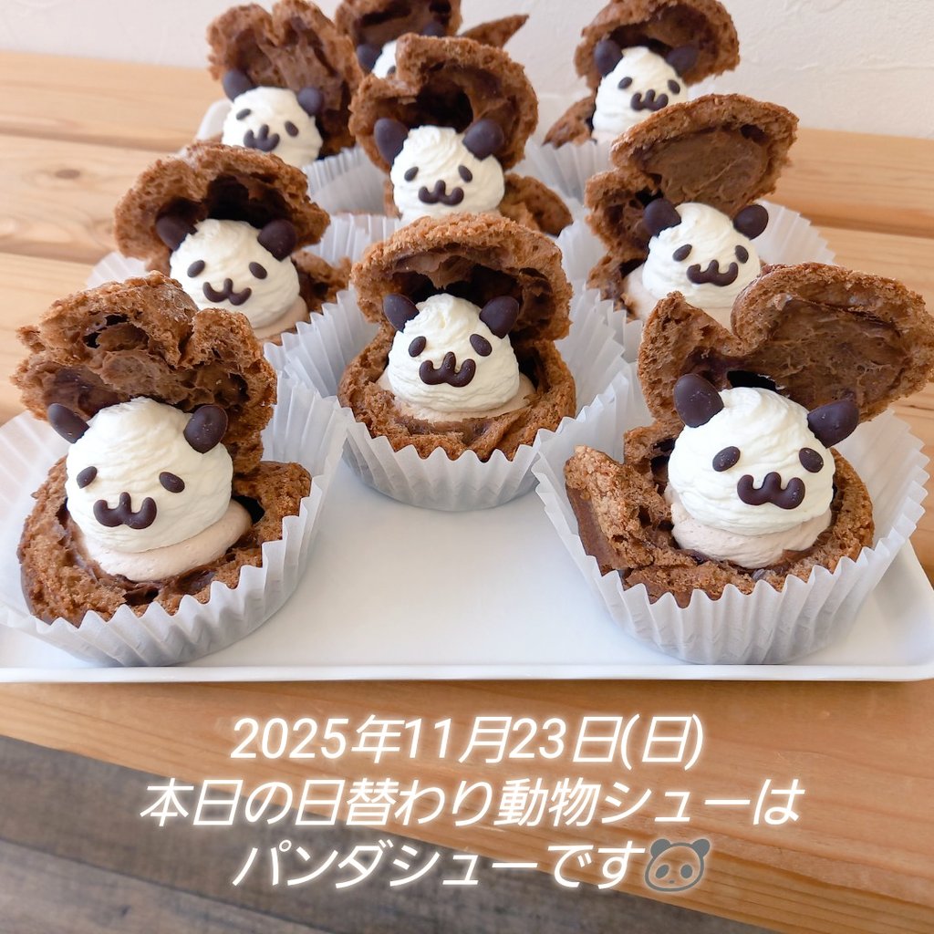 hacchi_oyatsu's tweet image. 2025年11月23日(日)
こんにちは！
本日パンダシューお出ししてます🐼

今日は久しぶりにチョコシューご用意しました🍫
気がついたら、今日はチョコ推しでした🤭

今日も19時まで、白鳥町でお待ちしております🙋
明日は祝日なので、通常通り営業いたします！😁

では、本日もよろしくお願いいたします😊