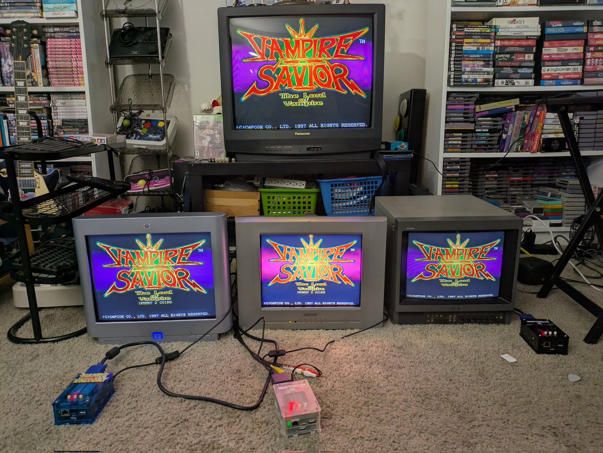 MoonJellyKevin's tweet image. Four Misters FPGA consoles.

Top is from @MisterAddons . Bottom 3 from @TakiUdon_ 

Top: Component
Bottom: (Left to Right) VGA, S-video/composite, and RGB Component.

Vampire Savior: The Lord of Vampire. (1997)

#Darkstalkers #VampireSavior #MisterFPGA #PlayVsav