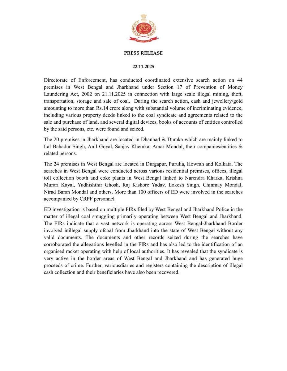 PostNxt's tweet image. 21 Nov को ED को 14 crore के cash- jewellery झारखंड और पश्चिम बंगाल में छापेमारी के दौरान मिले। 
@ED #coalsmugglingnetwork