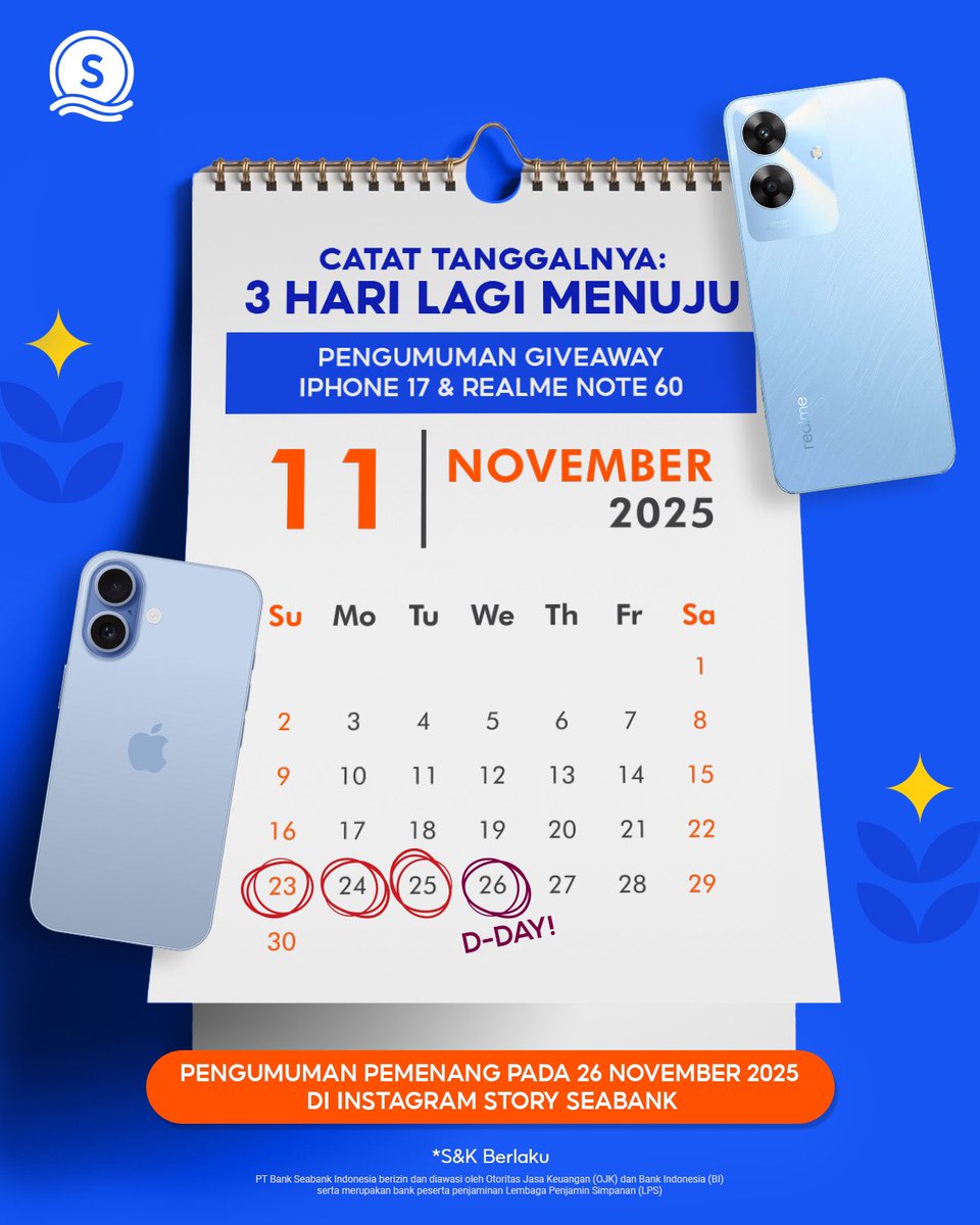 3 HARI MENUJU HADIAH SPESIAL UNTUK KAMU!

Persiapkan diri kamu untuk memenangkan hadiah dari SeaBank!  Masih ada waktu, untuk Sobat SeaBank yang mau berkesempatan menang hadiah-hadiah menarik bulan ini. Jangan sampai terlewat dan catat tanggalnya ya!

Yuk buka rekening SeaBank