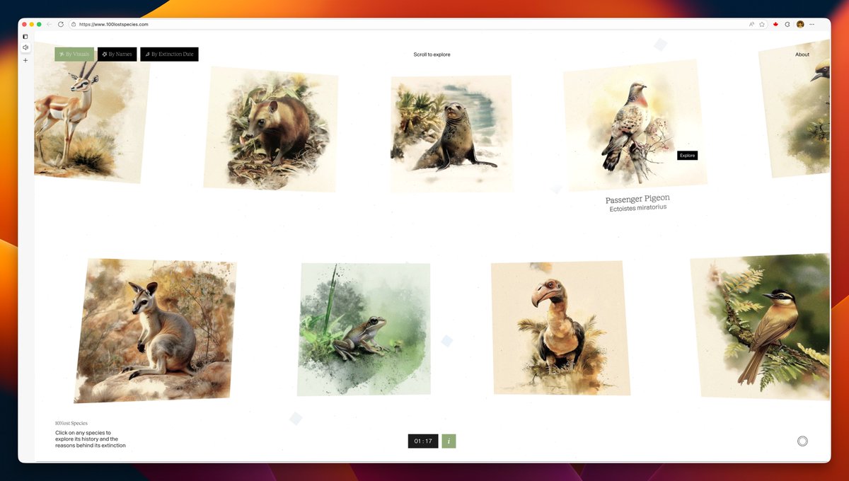이 웹사이트 정말 훌륭해요. 멸종된 100종의 생물을 소개하고 시각적으로 인터랙티브한 접근 방식을 통해 탐험 과정을 안내해 줍니다. 미적으로도 매우 훌륭하고, 더 이상 존재하지 않는 생물들에 대한 안타까움을 불러일으