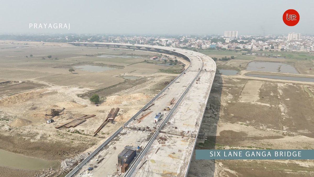 theupindex's tweet photo. Massive six lane cable stayed extra dosed bridge over Ganga river in Prayagraj is expected to be completed by September 2026.

This is UP's longest and one of the longest cable stayed river bridges in India:

🔸9.9 kms, 6-lane
🔸Project cost - Rs 1948 CR
🔸Connects Malak Harhar in Phaphamau with Kalash Chowk in Katra

Full details here - https://t.co/Bue550FjFl