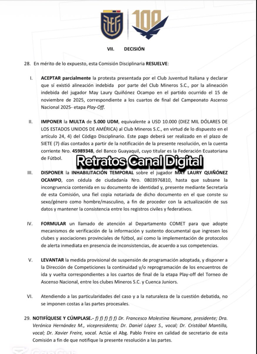 Rmoralesverduga's tweet image. La Comisión Disciplinaria de la #FEF aceptó parcialmente la PROTESTA presentada por el club Juventud Italiana contra el club Mineros SC, pese a que se manifiesta en su resolución la existencia de alineación indebida por parte del Club Mineros SC del Jugador May Laury Quiñónez…