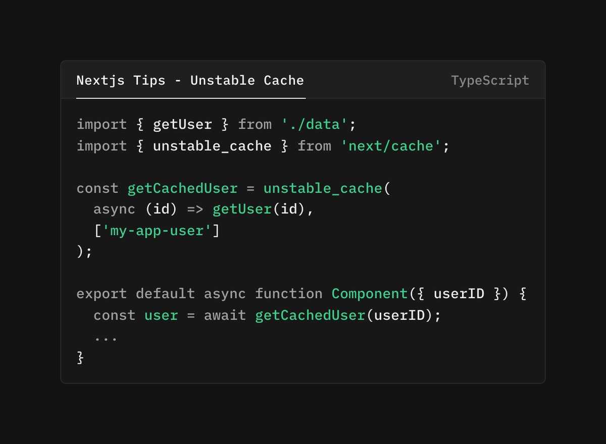powder_as's tweet image. Good Morning everyone

Cache any async function. Works outside of fetch.
#programmingtip #codingtip #nextjs #letsconnect