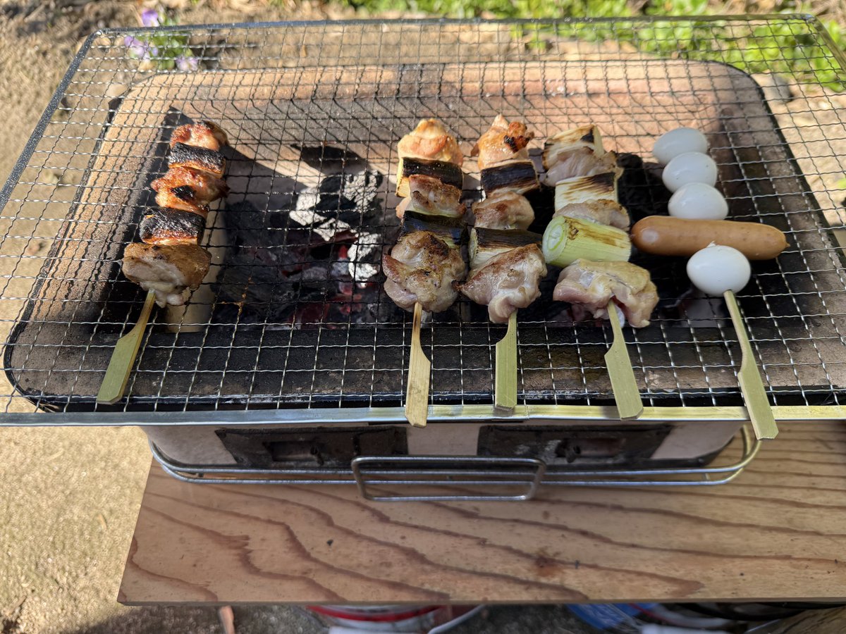 孫がインフルで遊べんから1人焼き鳥😗
ネギマ焼けてます。