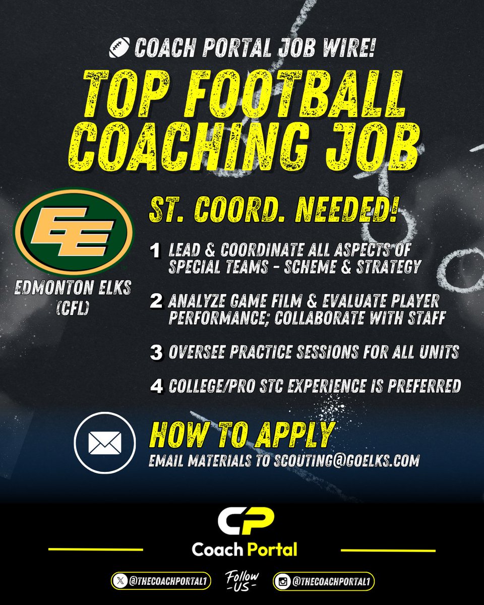 🚨 COACH PORTAL JOB WIRE! 
A Top Football Coaching Opportunity is now open with the Edmonton Elks (CFL) 🏈🇨🇦

ST. COORDINATOR NEEDED!
The Elks are searching for a high-level Special Teams Coordinator to lead strategy, development, and performance across all units.

📋 Role &amp;