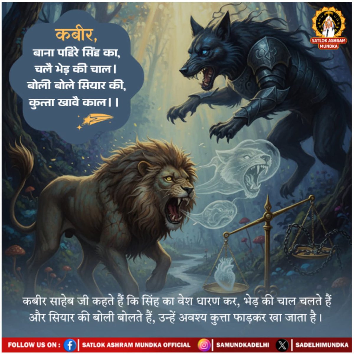 Gurmeet34914591's tweet image. #GodMorningSunday
कबीर, बाना पहिरे सिंह का, चलै भेड़ की चाल ।
 बोली बोले सियार की, कुत्ता खावै काल ।।
कबीर साहेब जी कहते हैं कि सिंह का वेश धारण कर, भेड़ की चाल चलते हैं और सियार की बोली बोलते हैं, उन्हें अवश्य ही ये काल रूपी कुत्ता फाड़कर खा जाता है।
jagatgururampalji.org