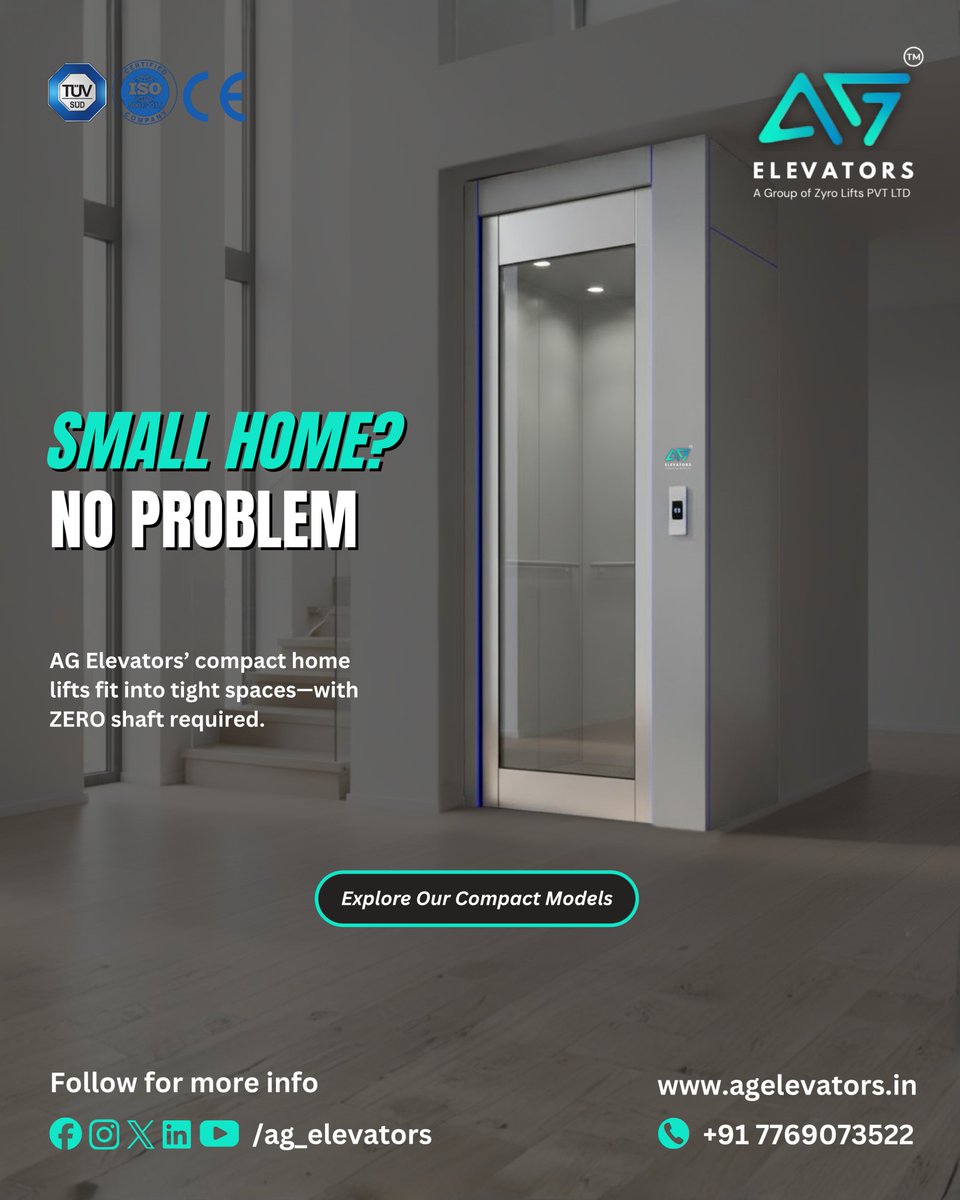 AgElevators1's tweet image. Small home? No problem! 🚀
#agelevators’ compact #homelifts fit anywhere—ZERO shaft needed.
Upgrade your home with comfort, luxury &amp;amp; smart accessibility.
👉 Explore our #compactlift models today!
Visit: agelevators.in