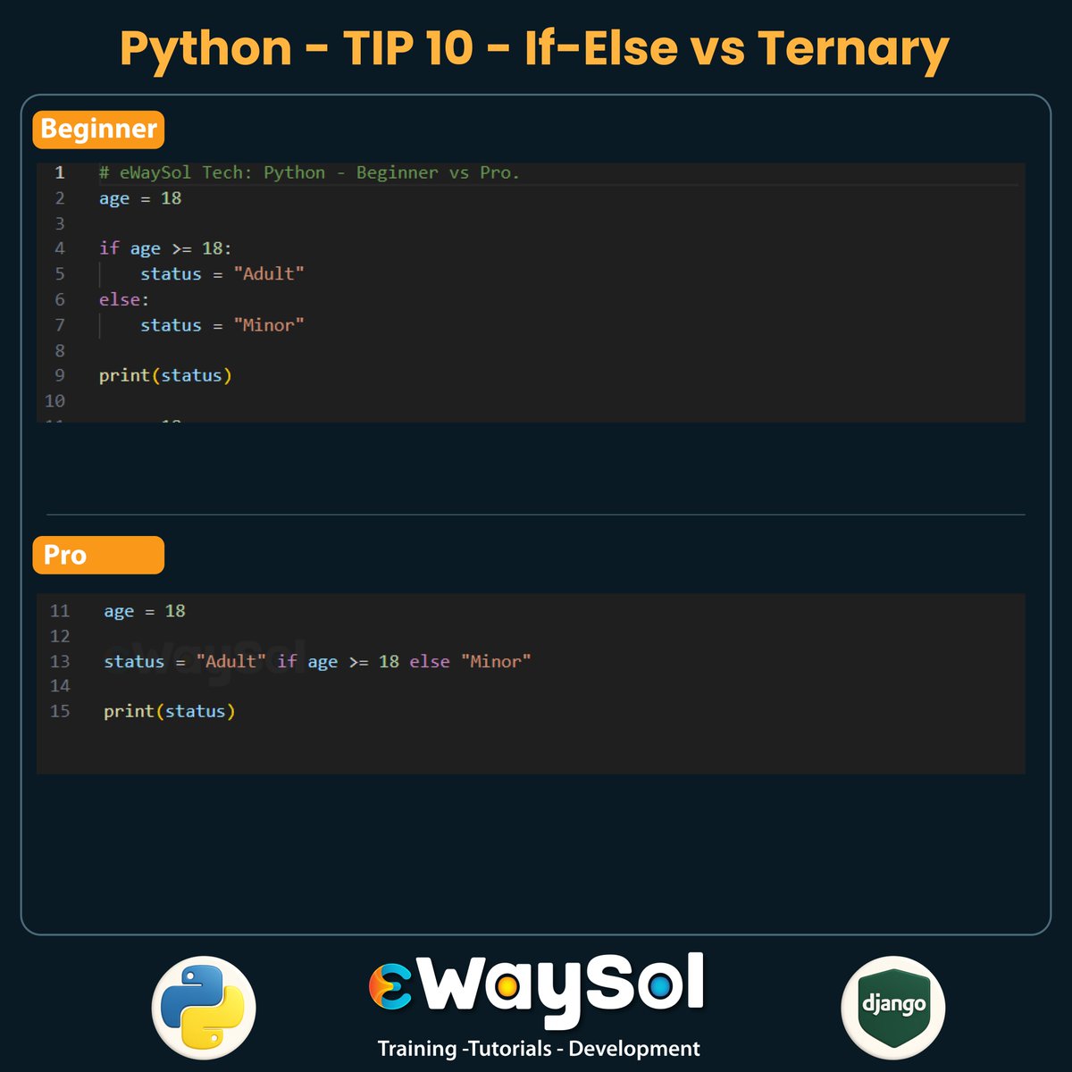 ewaysol's tweet image. If–Else vs Ternary — which one do you use?
#python #pythoncoding #pythonlearning #codingtips #ewaysol