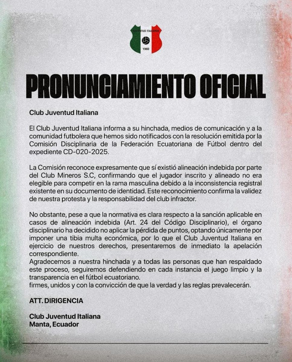 Rmoralesverduga's tweet image. Luego de la resolución de la #FEF el equipo #JuventudItaliana hace un pronunciamiento oficial. Me informan que el próximo martes realizarán una rueda de prensa a las 11H00 AM ✔️⚽️✅🇪🇨