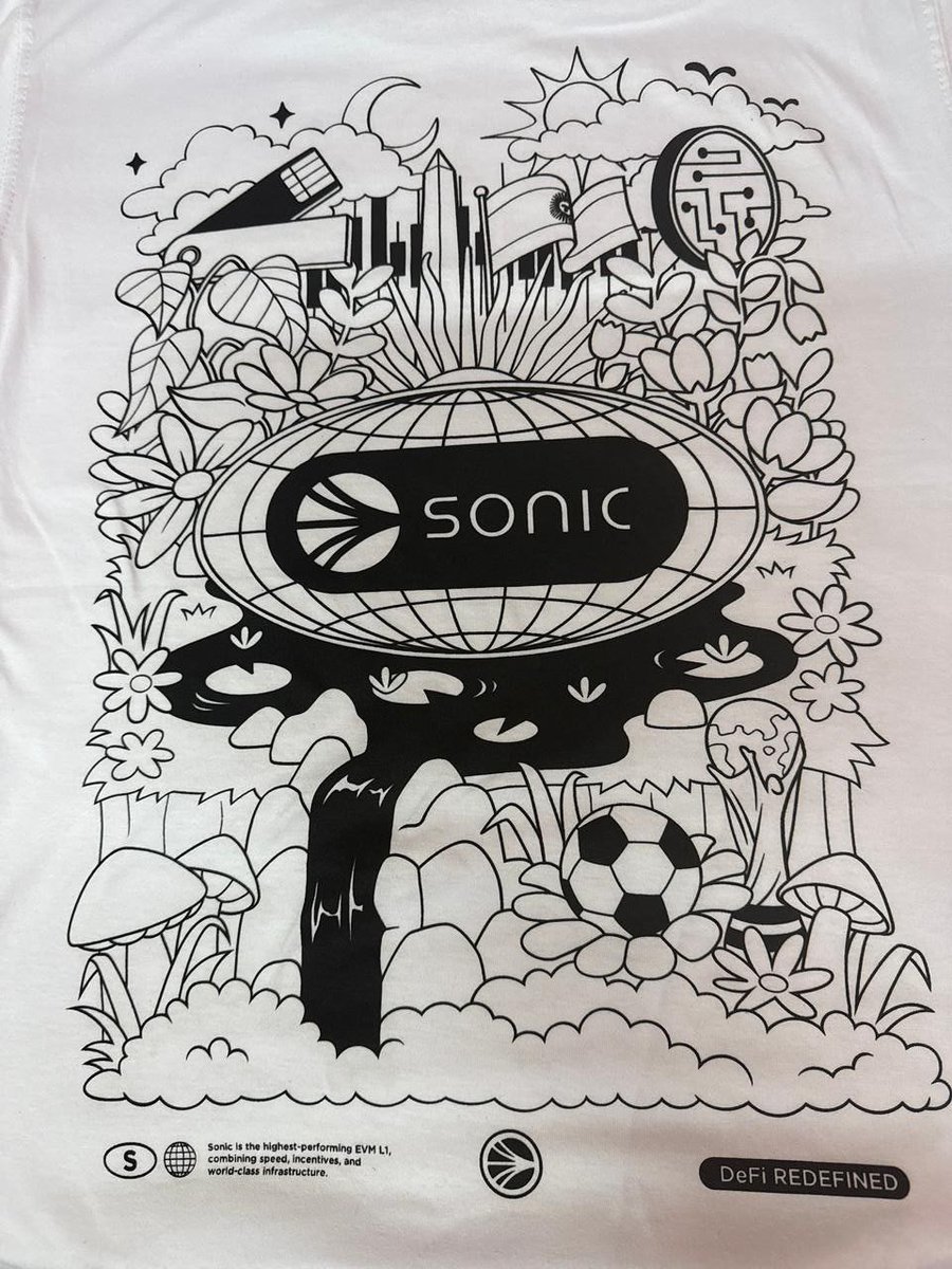 DADstudioxyz's tweet photo. When you're producing merch for @SonicLabs at Devconnect Argentina @EFDevcon  and realize importing is basically impossible because of very high import taxes, you get creative 🇦🇷

We scouted 80+ companies across Argentina.

Most were standard print shops. good quality, but nothing special.

Then we found him....

A solo artist running a small studio in Buenos Aires. not just a screen printer an actual artist. The kind who does gallery quality art prints alongside custom apparel.

The original concepts had cartoon vibes playful characters. but working with our art department, we evolved it into something that captures what Sonic actually is the fastest EVM chain meets Argentinian creative energy.

The final design is a surreal world with the Sonic logo floating over a globe, surrounded by flowers, buildings, soccer balls nods to both crypto culture and Buenos Aires itself. "DeFi REDEFINED" sits at the bottom.

Sometimes the best merch comes from the hardest logistics.

Shoutout to the local artists making it happen 🤝
