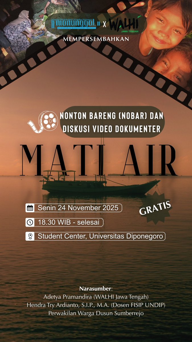 LPMManunggal's tweet photo. Halo, Sobat Dipo!
LPM Manunggal x WALHI Jawa Tengah mengajak kalian untuk ikut nonton bareng video dokumenter "Mati Air dan berdiskusi tentang isu tambak ilegal Karimunjawa &amp; tambang ilegal Sumberrejo. Kami tunggu kehadirannya:
Senin, 24 November 2025
18.30 - Selesai
GRATIS https://t.co/9NGawMee6f