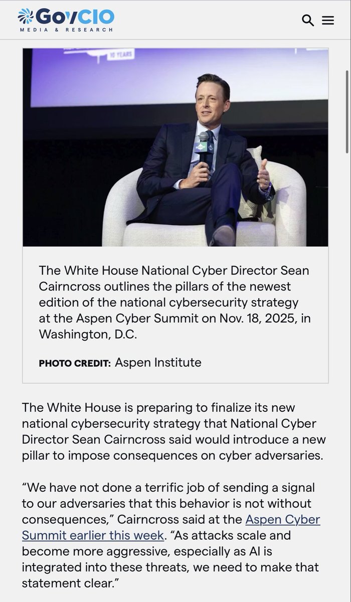 LauraLoomer's tweet image. EXCLUSIVE:

🚨 National Cyber Director Sean Cairncross, Who Spoke at Globalist Aspen Institute This Week Despite Ban By @DeptofWar, Is Now En Route To UK To Meet With Anne Keast 🚨 

Sean Cairncross, Trump’s own National Cyber Director, just spent this week cozying up to the…