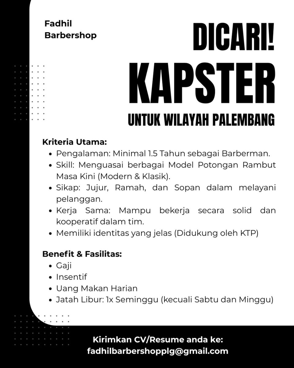 cobblebea's tweet photo. Dicari kapster untuk wilayah Palembang #lokercot #lokerpalembang #barbershop #carikerja #kapster https://t.co/cZYX3QtiaZ