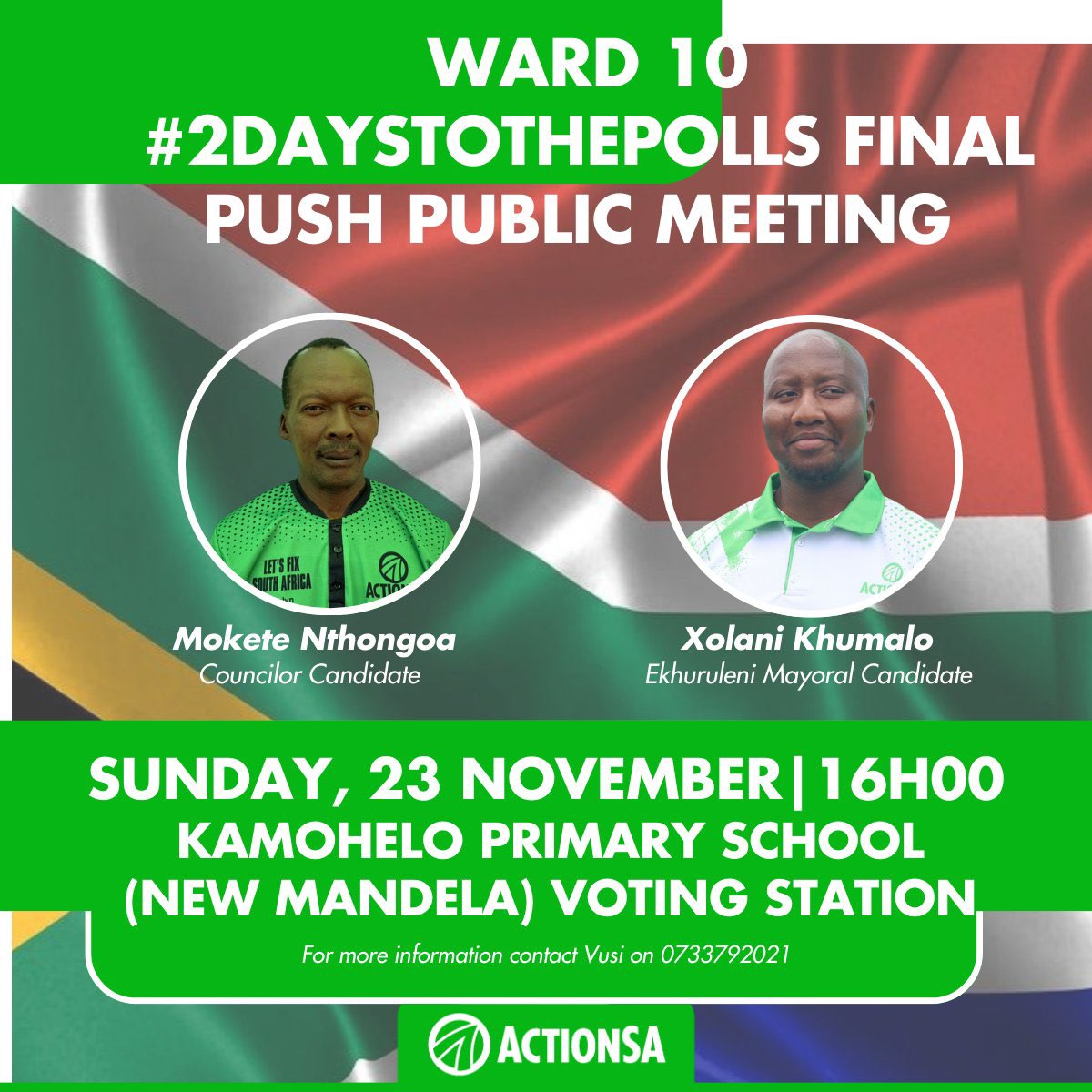 Two days to go until the Merafong Ward 10 by-election.

Today we return to the community to lead our final meeting , not to speak at residents, but to honour their mandate. 

This campaign has always been about restoring the principle that a councillor does not serve themselves,