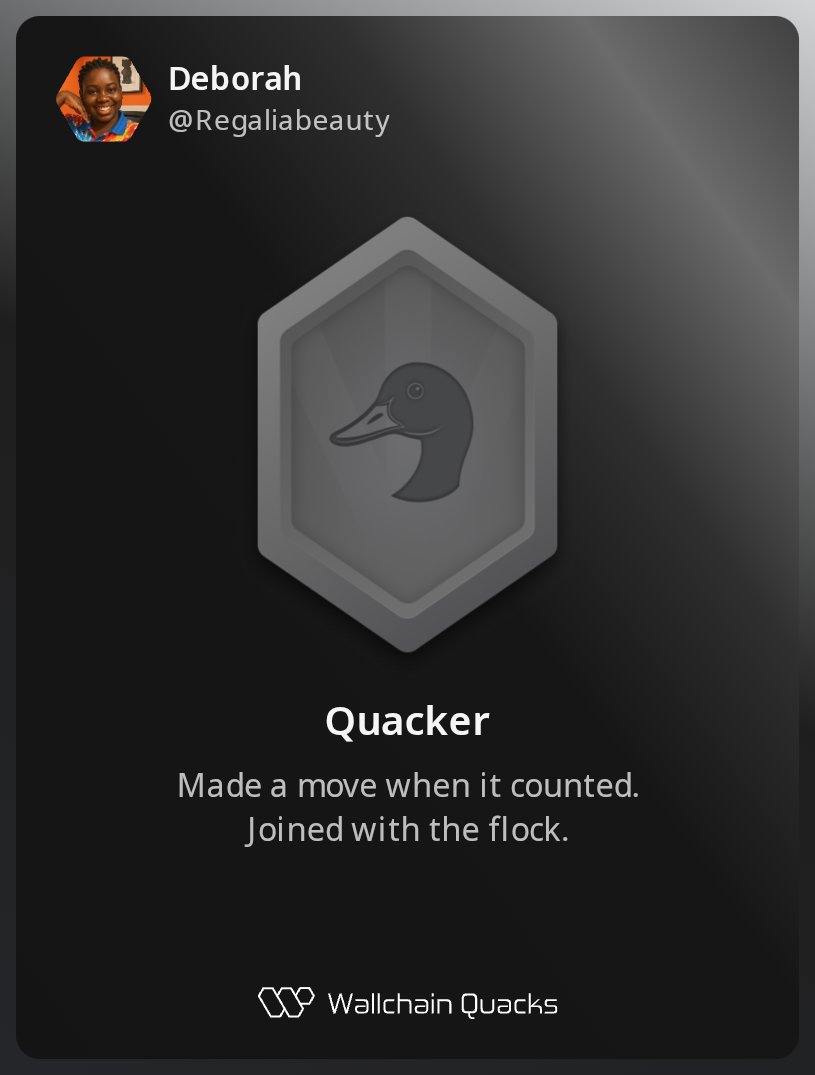 Regaliabeauty's tweet image. My day 1 on wallchain!

Just unlocked the Quacker on @wallchain 🏆
How cool is that? It feels great to have my contributions recognized.

Let me know how Wallchain algo been treating you so far?

I will appreciate any tips that would help me on sail on wallchain.

#Quack