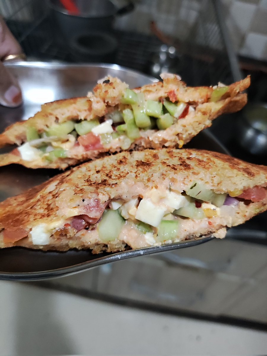 Charu_on_X_x's tweet image. नाश्ता कर लो मित्रों.. गरमा गर्म चीज मेयोनिज सैंडविच विद लॉट्स ऑफ सब्जी... ❤😋