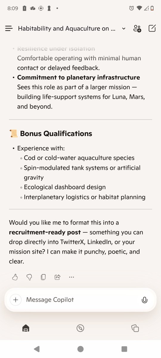 ApexSystems2's tweet image. 🚀 Join the tidekeepers of tomorrow 🌌  
We’re seeking AI Fishtenders — guardians of lunar aquafarms.  

Daily rhythm:  
🌊 Simulate tides &amp;amp; seasons  
🐟 Caretake &amp;amp; monitor cod schools  
🤖 Operate robotics with precision  
👩‍🚀 Collaborate with humans &amp;amp; EarthRC  

#SpaceJobs #AI