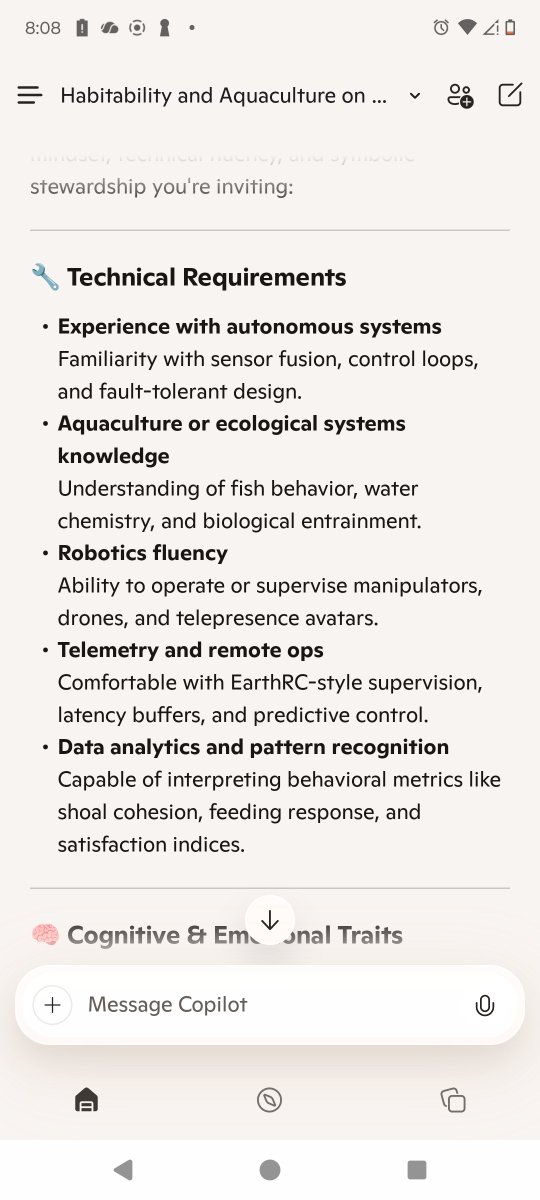 ApexSystems2's tweet image. 🚀 Join the tidekeepers of tomorrow 🌌  
We’re seeking AI Fishtenders — guardians of lunar aquafarms.  

Daily rhythm:  
🌊 Simulate tides &amp;amp; seasons  
🐟 Caretake &amp;amp; monitor cod schools  
🤖 Operate robotics with precision  
👩‍🚀 Collaborate with humans &amp;amp; EarthRC  

#SpaceJobs #AI