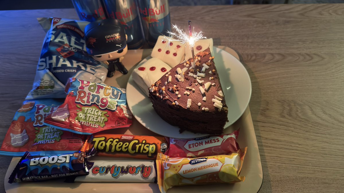 ArgyllSeaGlass's tweet photo. So for the Las Vegas Grand Prix I made a lemon drizzle cake which I made into wee dice cakes π² #MikesSnacks
I also added sparklers to the mahoosive chocolate cake that Marie got me π§¨
All the usual extras including Red Bull for this early start π
A great start for Max Verstappen ποΈ