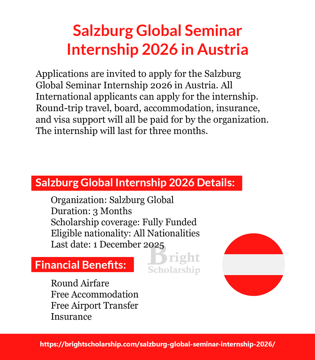 BrightSship's tweet image. Salzburg Global Seminar Internship 2026 in Austria (Fully Funded)

Duration: 3 Months
Eligible nationality: All Nationalities
Award country: Austria
Last date: 1 December 2025

Apply Link: brightscholarship.com/salzburg-globa…

#BrightScholarship #FullyFunded #Internship #Austria