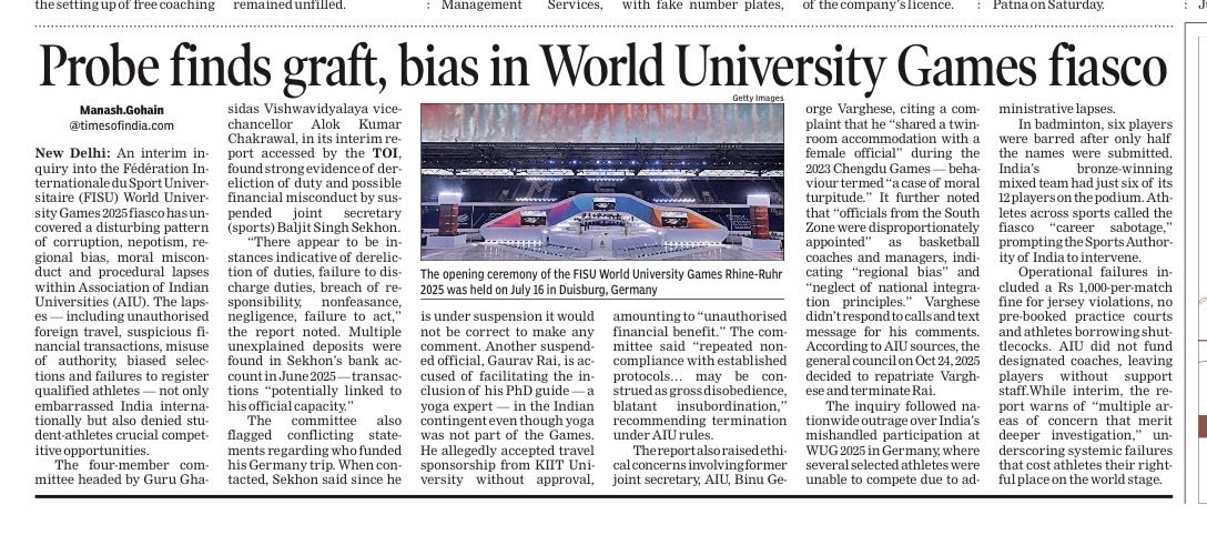 An interim inquiry into the FISU World University Games 2025 uncovered a disturbing pattern of corruption, nepotism, regional bias, moral misconduct and procedural lapses within AIU. A <a href="/timesofindia/">The Times Of India</a> report
👇
timesofindia.indiatimes.com/india/probe-fi…