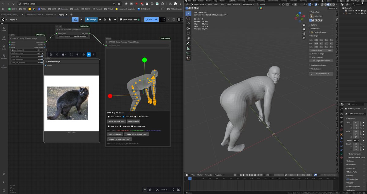 Playing around in ComfyUI with SAM3 Body Pose estimation and it nailed it perfectly! :D Only problem was the model was flipped in Blender, so I flipped it back and now everything's correct.
#comfyui #sam3 #bodypose #cat #poseestimation #3d #blender