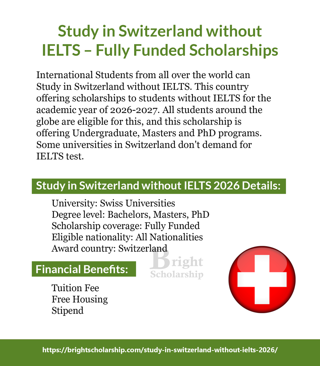 BrightSship's tweet image. Study in Switzerland without IELTS 2026 – Fully Funded Scholarships

Degree level: Bachelors, Masters, PhD
Award country: Switzerland

Apply Link: brightscholarship.com/study-in-switz…

#BrightScholarship #FullyFunded #Scholarship #Switzerland #Students #studyabroad #study #studyinSwitzerland