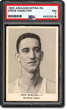 ZBDigitalibrary's tweet photo. Steve Hamilton is best known in the sports world as a pitcher for the New York Yankees. However, his first sports card shows him as a member of the Morehead Eagles basketball team in the 1955 Ashland/Aetna Oil set.

What other player's first card shows them in a secondary sport? https://t.co/eJIDp2MgjR