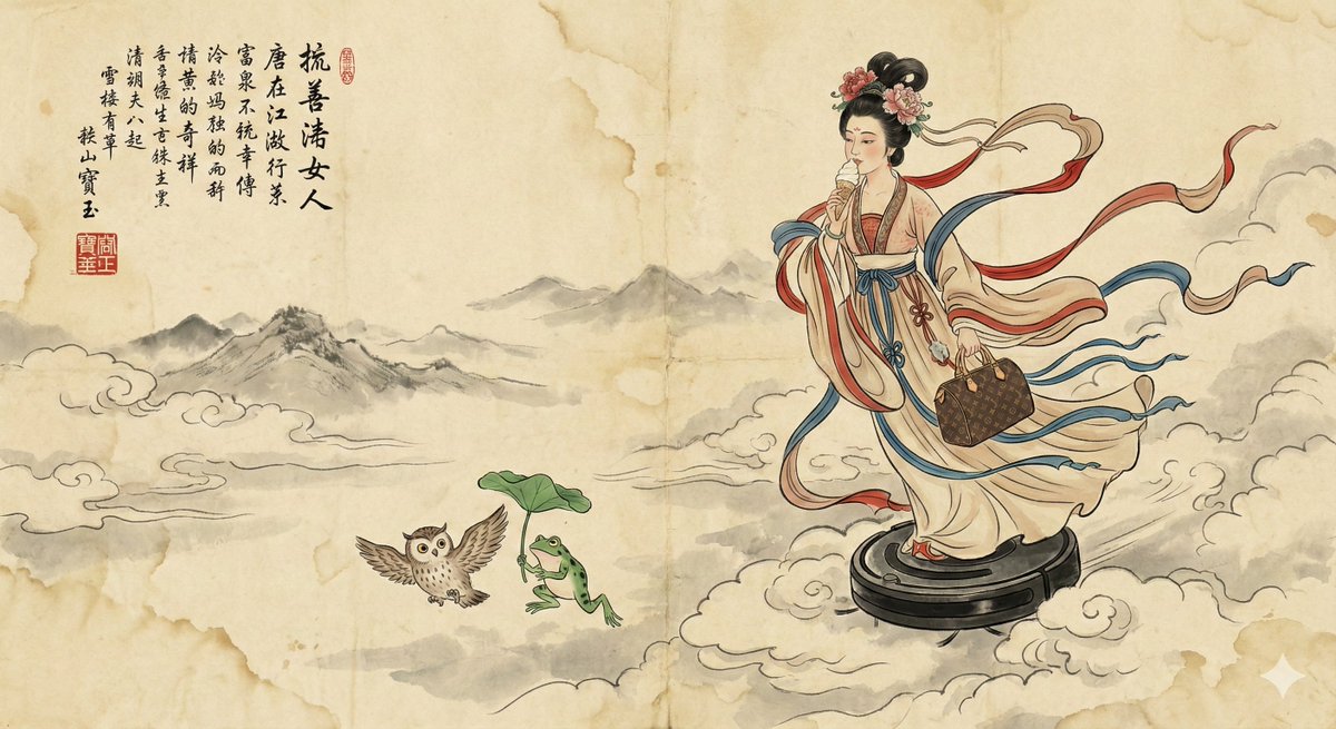 中文版 Alerta:

一幅绘制在陈旧宣纸上的传统中国工笔水墨画。一位身着红色、米色和青色飘带的唐代仙女，头梳高髻佩戴牡丹花，站立在一个圆形的黑色扫地机器人上，在云雾中飞行。
 Louis Vuitton）老花手提包。在她下方，一只小猫头