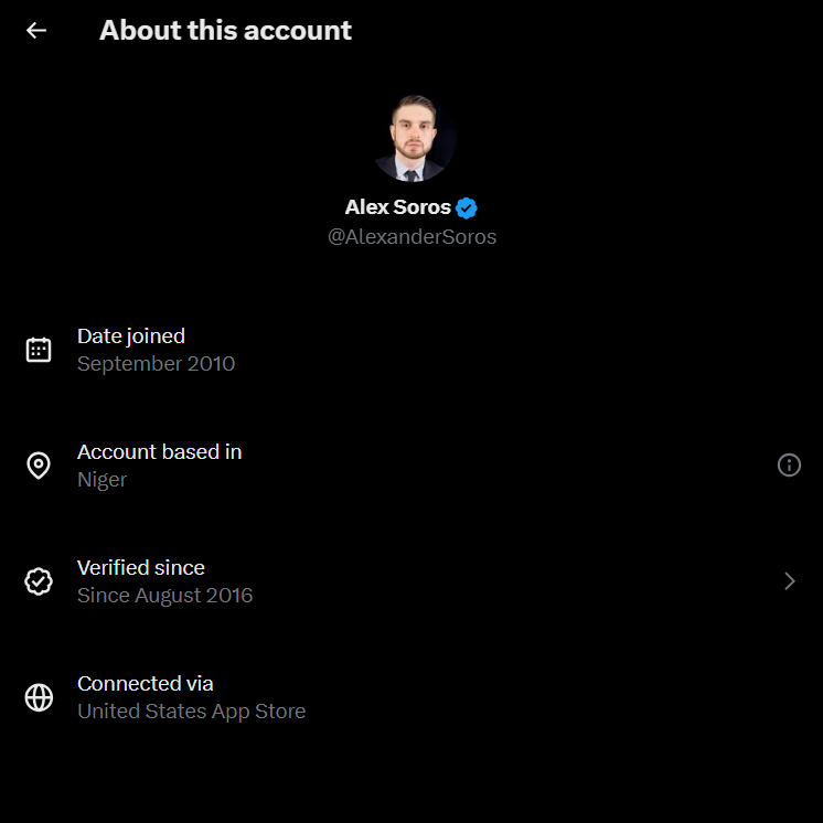 TimesB29989108's tweet image. 🚨#BREAKING: X’s new “country of origin” feature shows Alex Soros listed in Niger — and people are questioning everything.
He&apos;s the son of George Soros, a man long accused of funding political disruption, destabilizing governments.

#AlexSoros #DeepState #BreakingNews