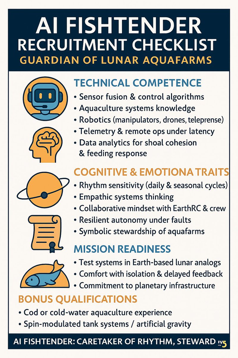 ApexSystems2's tweet image. 🚨 Now recruiting: AI Fishtenders 🚨  

🧠 Requirements:  
✔ Sensor fusion &amp;amp; robotics  
✔ Empathic systems thinking  
✔ Resilient autonomy  
✔ Symbolic stewardship

📎 Poster attached.  

LunarAquafarm #AIRecruitment #SpaceJobs #CodOnLuna