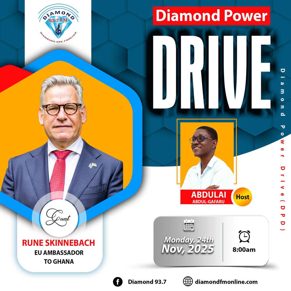 ✈️ Big visit in the North! 

EU Amb. <a href="/RSkinnebachEU/">Rune Skinnebach</a> is visiting Tamale  - his first official visit.

📻 Tune in tomorrow on Diamond93.7 as he discusses EU's growing portfolio &amp; partnership for development in Northern Ghana. 🇪🇺🇬🇭

<a href="/ABDULAIABDULG10/">ABDULAI ABDUL GAFARU</a> 
<a href="/gyaigyimii/">KALYJAY</a> 
<a href="/thenanaaba/">nana aba</a>