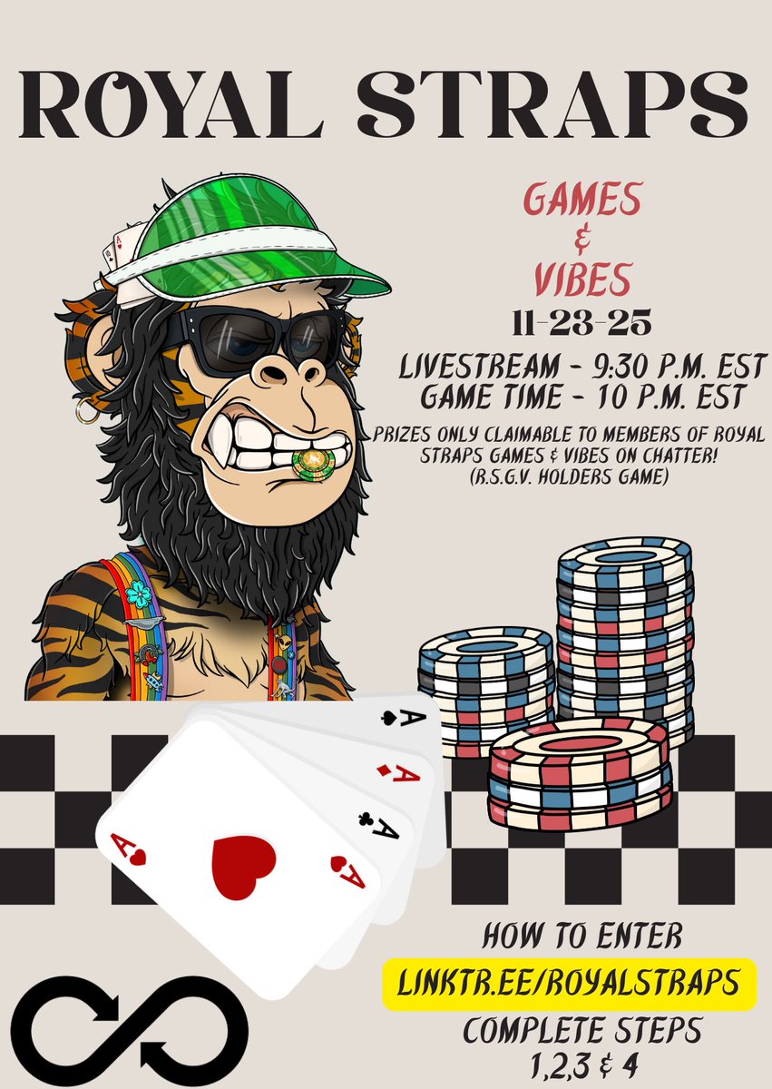 RoyalStraps's tweet photo. ROYAL STRAPS GAMES & VIBES — MEMBERS GAME
📅 Sunday, Nov 23rd
🎥 Live @ 9:30PM EST
🃏 Cards Fly @ 10PM EST

Open to EVERYONE who joins R.S.G.V. on Chatter — free to join, just follow through and lock in.
Prizes claimable by R.S.G.V. members only.

ENTRY REQUIREMENTS:
➡️ Complete Steps 1–4: https://t.co/bCDDDhXkoi
➡️ Password drops LIVE during the stream
➡️ VIP/Elite get PW in Tickets per usual

Vibes & Rewards LIVE — Pull Up, Lock In, Watch Ya Neck!

P.S. one of the steps  = ❤️/♻️/Tag 3
