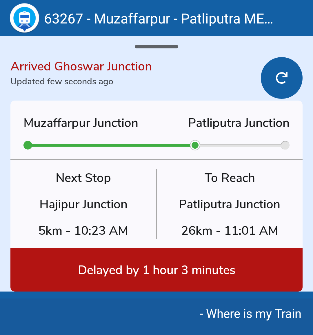 mdafsarali80's tweet photo. Check out the running status of Muzaffarpur - Patliputra MEMU

कभी तो समय पर ट्रेन चला लीजिए सरकार।
@RailwaySeva
@ECRlyHJP 
@RailMinIndia
https://t.co/VG8loIPAQk https://t.co/iTXMrrZlpF