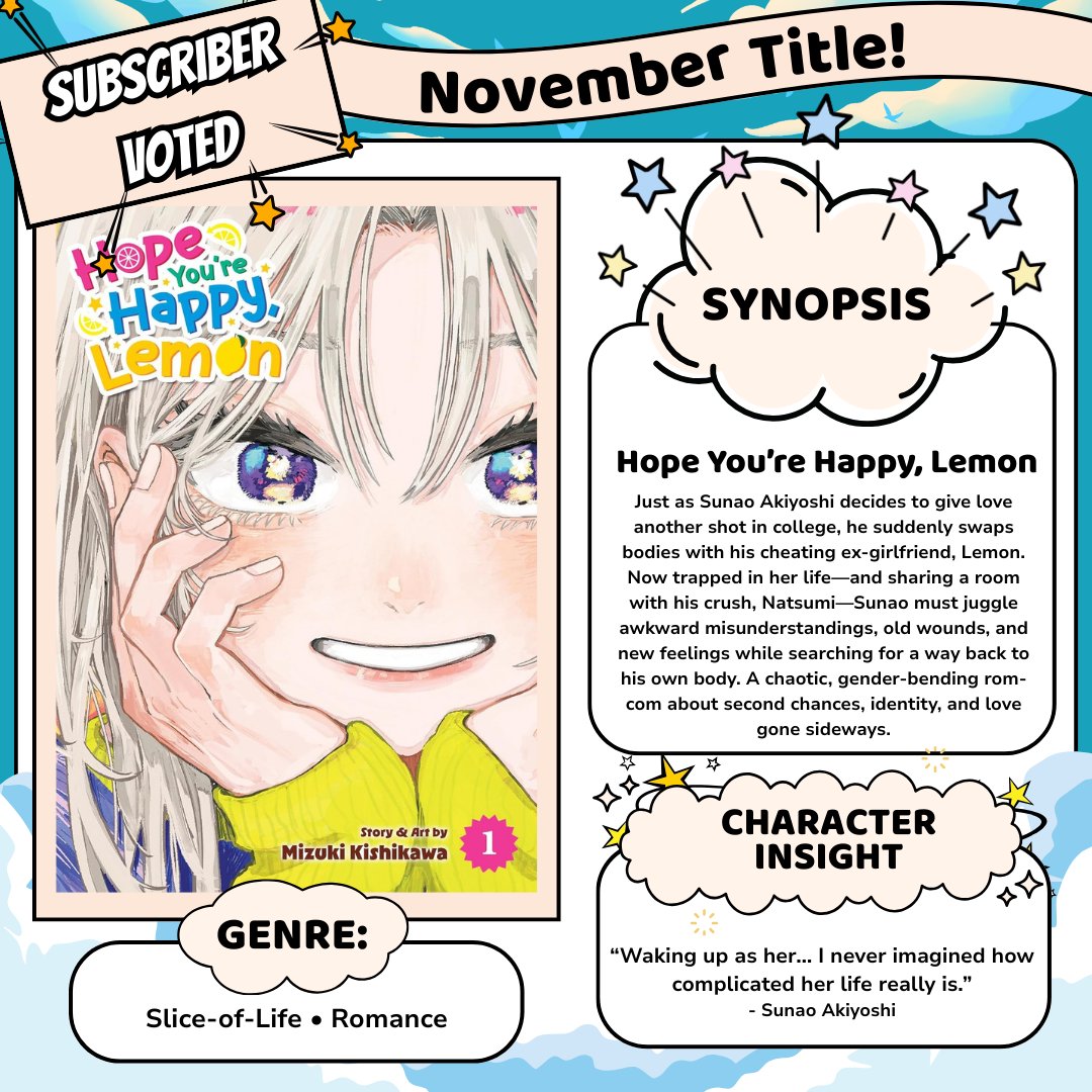 HonsamaMedia's tweet photo. Our Subscriber Voted Title for November was Hope You're Happy, Lemon Vol. 1 🍋✨
A chaotic, heartfelt body-swap romcom that completely stole the vote!
Missed November’s box?
You can now add it as an add-on to your next monthly box! 📦💛
#honsama #manga #mangabox #mangarec https://t.co/EhtTZYXtXk