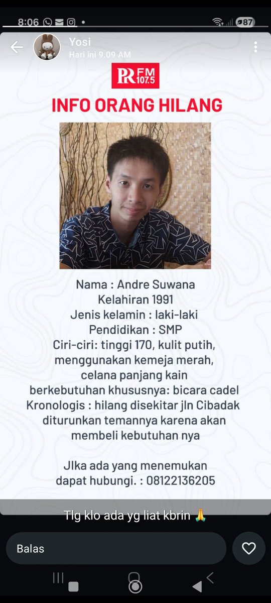 agustinus's tweet photo. @infohilangBDG_ 

Punten
Info orang hilang! 

Cc @PRFMnews
@Infobandungkota 
@infohilangBDG_ 
@kehilangan_bdg https://t.co/G35B4LADRx